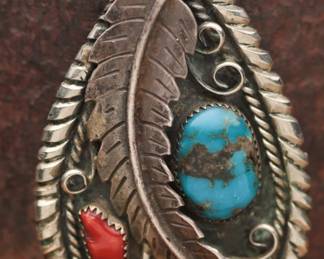 Silvertone Turquoise Red Coral Pendant