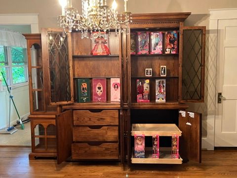 CHINA CABINET, $300, Picture #1 (ignore white stickers; removed) – 2 pcs, Upper & Lower, for easy moving ... BARBIES, for sale separately; shown for dimensions ... CURIO CABINET TO LEFT, also for sale (price TBD)