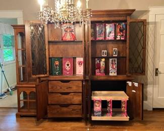 CHINA CABINET, $300, Picture #1 (ignore white stickers; removed) – 2 pcs, Upper & Lower, for easy moving ... BARBIES, for sale separately; shown for dimensions ... CURIO CABINET TO LEFT, also for sale (price TBD)