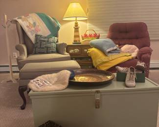 Trunk, wing back vintage chair , maybe lazboy recliner