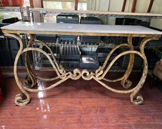 G7-Heavy iron console with travertine top, chip to top 375