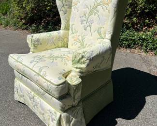 G61-Wingback chair, pale yellow floral front and green velvet back-145