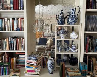 Blue and white decor, books