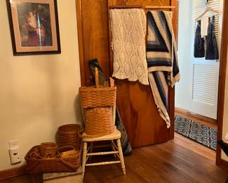 Longaberger baskets, crocheted afghans