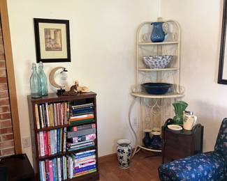 Books, blue and white decor, corner shelf