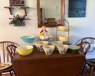 Drop Leaf Table and chairs, Pyrex, Tulip mixing bowls