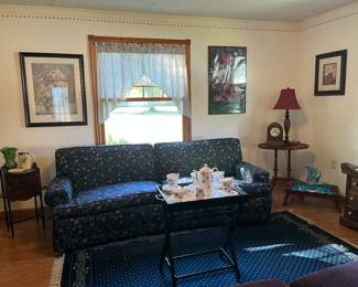 Blue sofa, tray table,