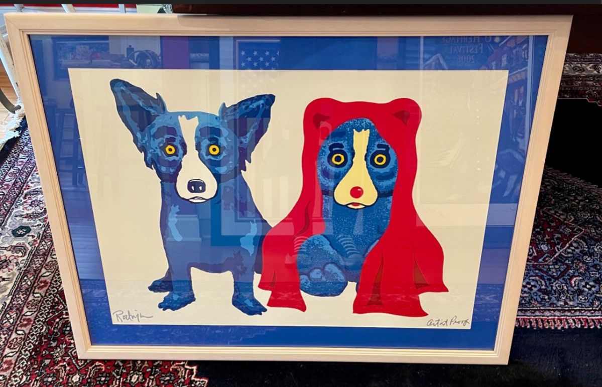 Rare and stunning! Large artist proof “Blue and Bear” silkscreen hand signed by George Rodrigue $10,000