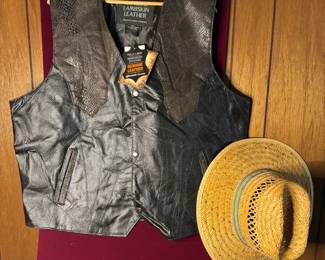 Mens Two XL Leather Vest And Straw Hat