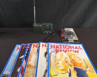 Tecsun 9 Band World Receiver, JVC Earbuds And National Review Magazines