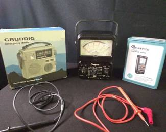 Grundig Emergency Radio, Laser Distance Meter, Motorola VoltOHMmilliameter