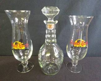 Vintage Glass Liquor Decanter And Hurricane Hard Rick Glasses