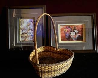 Two Wall Hangings And Wicker Basket