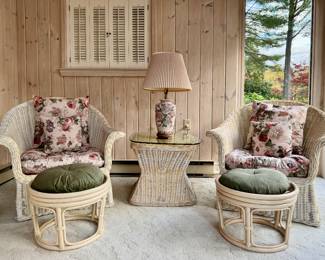 (2) Wicker Armchairs & Ottomans & Wicker Side Table