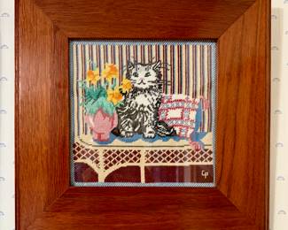 Framed Needlepoint, Kitty on Wicker