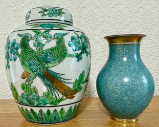 Japanese Porcelain Hand Painted Ginger Jar and Royal Copenhagen Turquoise Crackle Glazed Vase with Gilded Banding