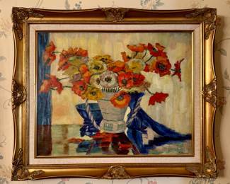 "Poppies Bouquet" Oil on Canvas, Signed M. Perkins