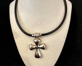 Joseph Esposito Sterling Silver Cross Necklace on Rubber Cord