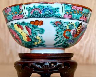 Chinese Famille Rose Bowl on Rosewood Stand