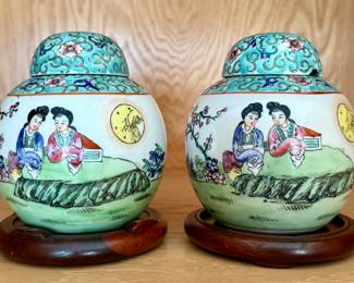 (2) Japanese Ginger Jars on Rosewood Stands