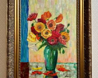 "Poppies" Oil on Board, Signed M. Perkins