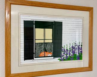 "Cat & Hollyhocks" Lithograph, Signed Helen Dillon