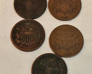 Lot Of Five 2 Cent Pieces