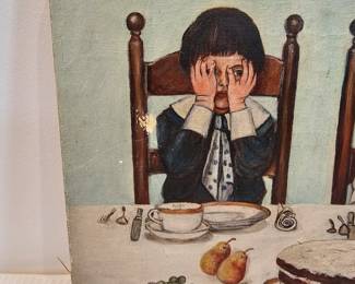 2 Kids Eating Folk Art Painting Oil On Canvas