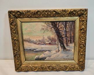 Winter Cabin By The Pond Oil Painting On Board Signed By Thomas Manning Moore
