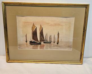 Sailboats In The Harbor Watercolor Unsigned