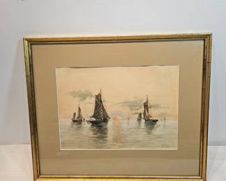 Sailboats Coming In At Sunset Watercolor Signed JAR