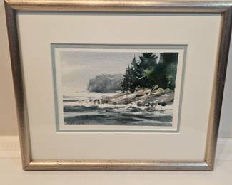 Seagulls Over The Rocky Cove Framed Watercolor By Lucille Geiser