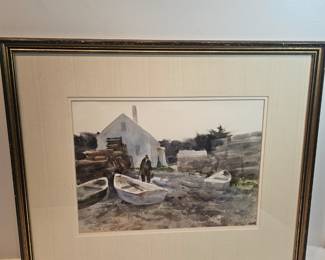 Framed Watercolor By Don Stone Man Out Back With Boats