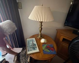 . . . oak lamp table and brass lamp