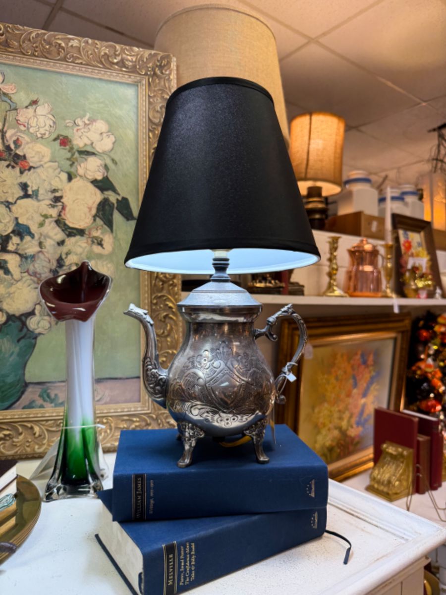 Teapot Lamp, vintage books, jack in the pulpit vase