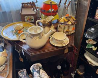 vintage fondue set, pitcher, tea cup and saucer