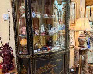 Asian carved figures and a gorgeous large Asian curio cabinet