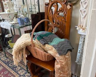 beautiful afghans, quilts, wooden carved chair