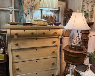 vintage dresser, lamps, vases, candlesticks