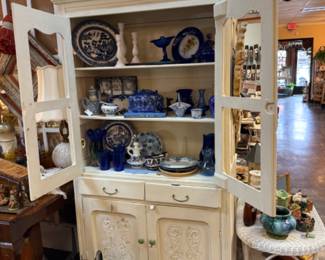 pie safe, blue glassware