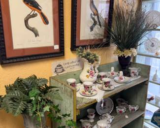 Framed bird prints, Tea sets