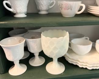 milk glass cups, bowls, plates
