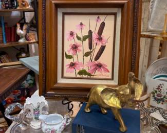 oil paintings, brass figurines, creamer & sugar and silver tray