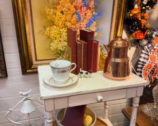 oil paintings, copper kettle, small and large furniture