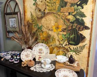 Pretty solid wood black sofa table, decorative plates, large Fall wall hanging