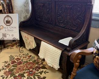 a gorgeous wooden carved bench from one of our new vendors, come check this space out upstairs at Red Queen's