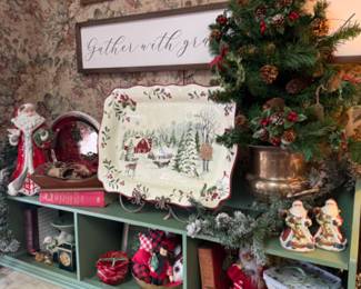 Christmas themed platter, framed art, wood furniture
