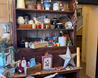 Blue and white speckled enamelware, framed pictures crocks, kitchen implements