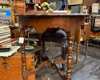 Antique Piecrust Table, vintage books, copper vase, historical items