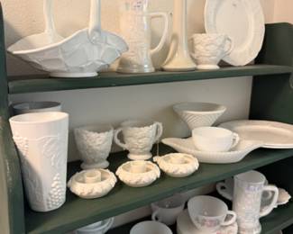 milk glass basket, pitcher, vase, plates, punch bowl and cups